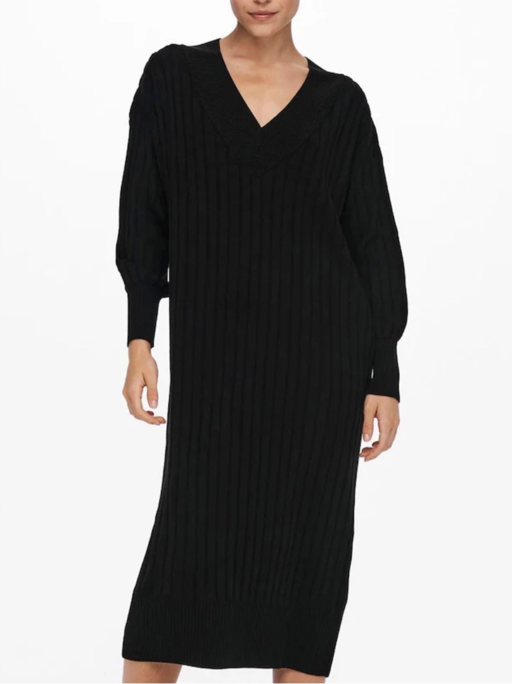 H&M Women’s Black Ribbed V-Neck Long Sleeve Dress